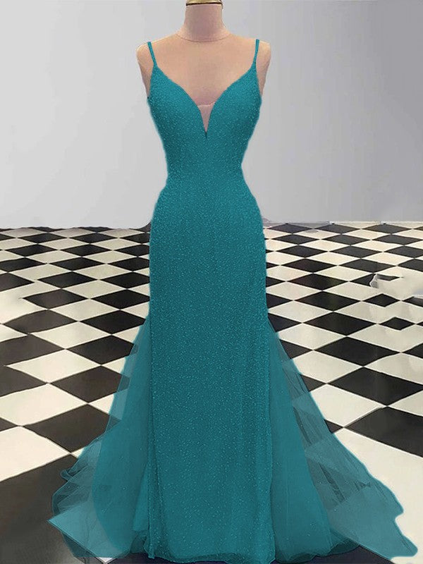 Sheath/Column Spaghetti Straps Sleeveless Tulle Sequin Sweep/Brush Train Prom Dress