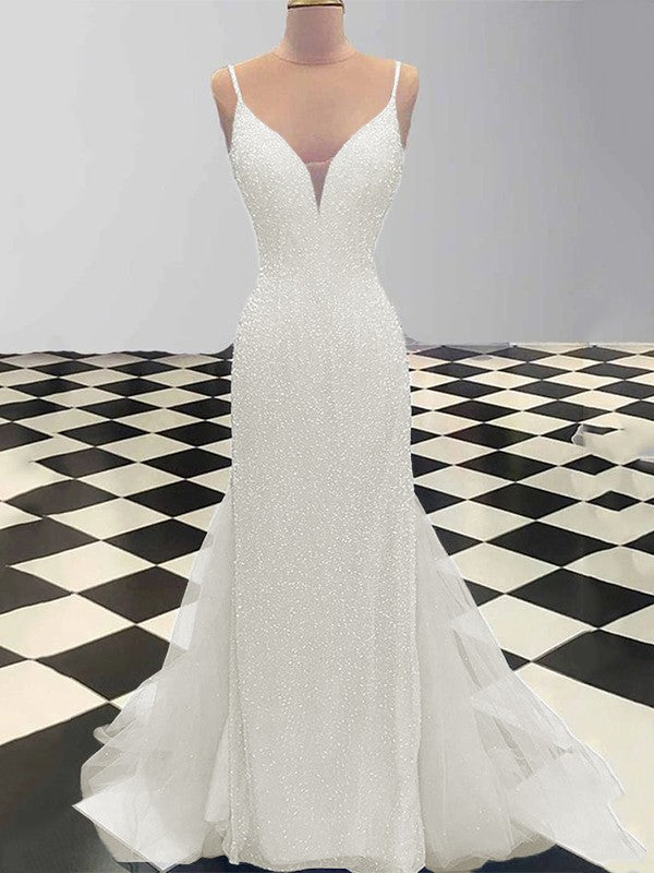Sheath/Column Spaghetti Straps Sleeveless Tulle Sequin Sweep/Brush Train Prom Dress