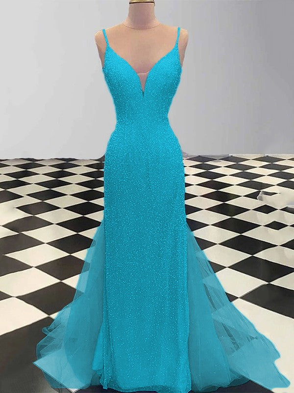 Sheath/Column Spaghetti Straps Sleeveless Tulle Sequin Sweep/Brush Train Prom Dress