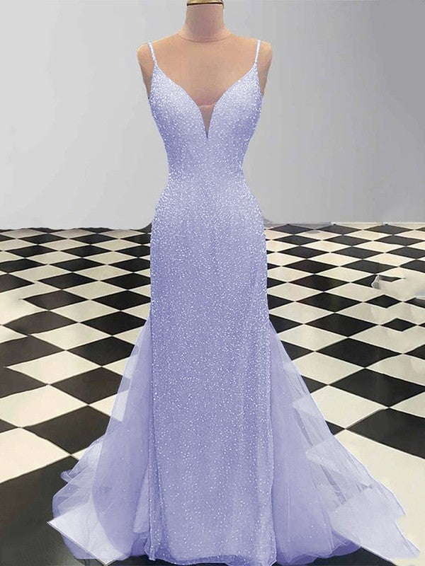 Sheath/Column Spaghetti Straps Sleeveless Tulle Sequin Sweep/Brush Train Prom Dress