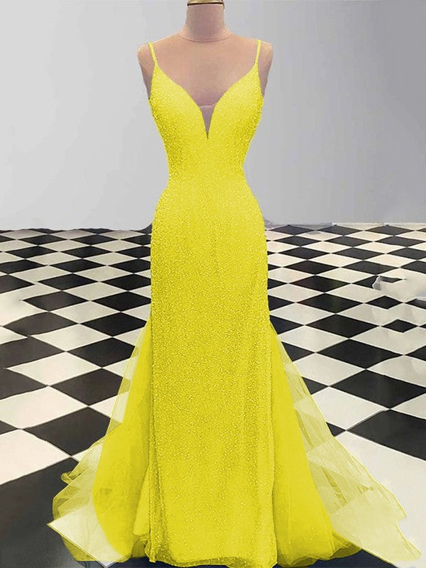 Sheath/Column Spaghetti Straps Sleeveless Tulle Sequin Sweep/Brush Train Prom Dress