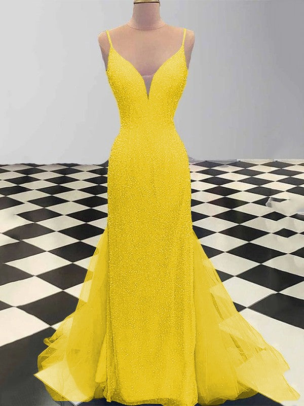Sheath/Column Spaghetti Straps Sleeveless Tulle Sequin Sweep/Brush Train Prom Dress