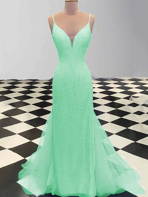 Sheath/Column Spaghetti Straps Sleeveless Tulle Sequin Sweep/Brush Train Prom Dress