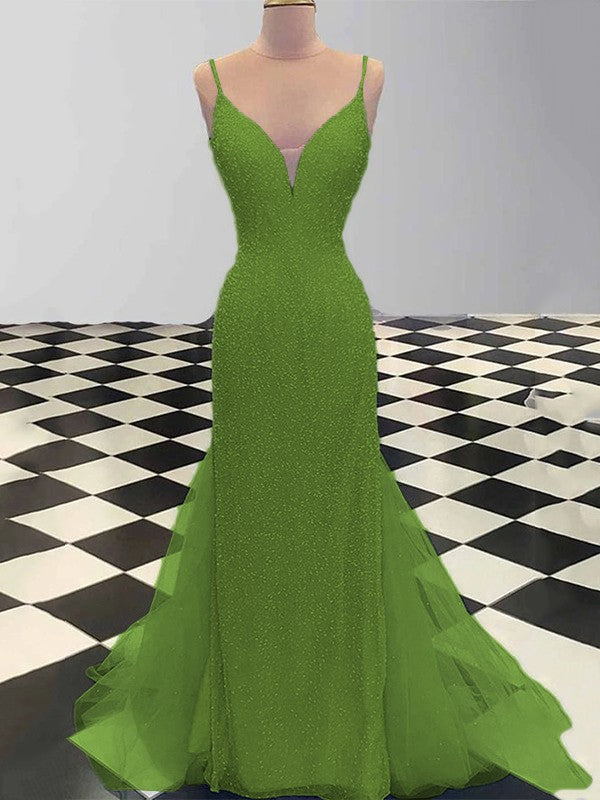 Sheath/Column Spaghetti Straps Sleeveless Tulle Sequin Sweep/Brush Train Prom Dress