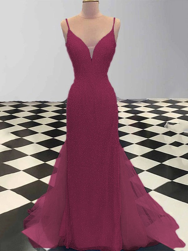 Sheath/Column Spaghetti Straps Sleeveless Tulle Sequin Sweep/Brush Train Prom Dress