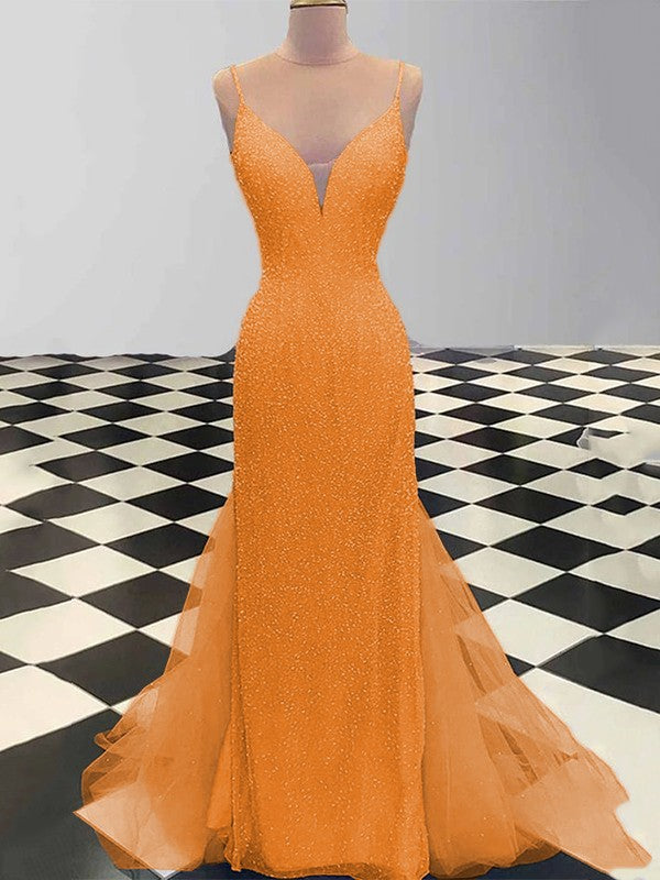 Sheath/Column Spaghetti Straps Sleeveless Tulle Sequin Sweep/Brush Train Prom Dress