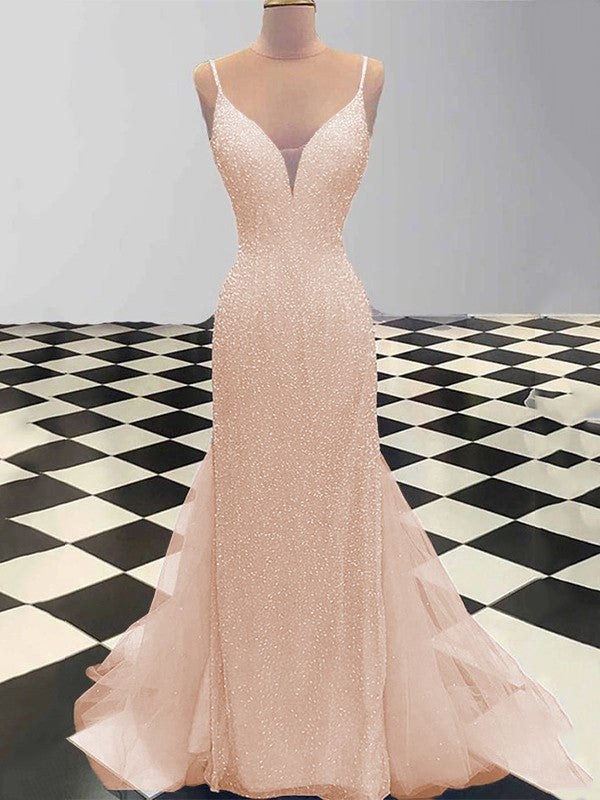 Sheath/Column Spaghetti Straps Sleeveless Tulle Sequin Sweep/Brush Train Prom Dress