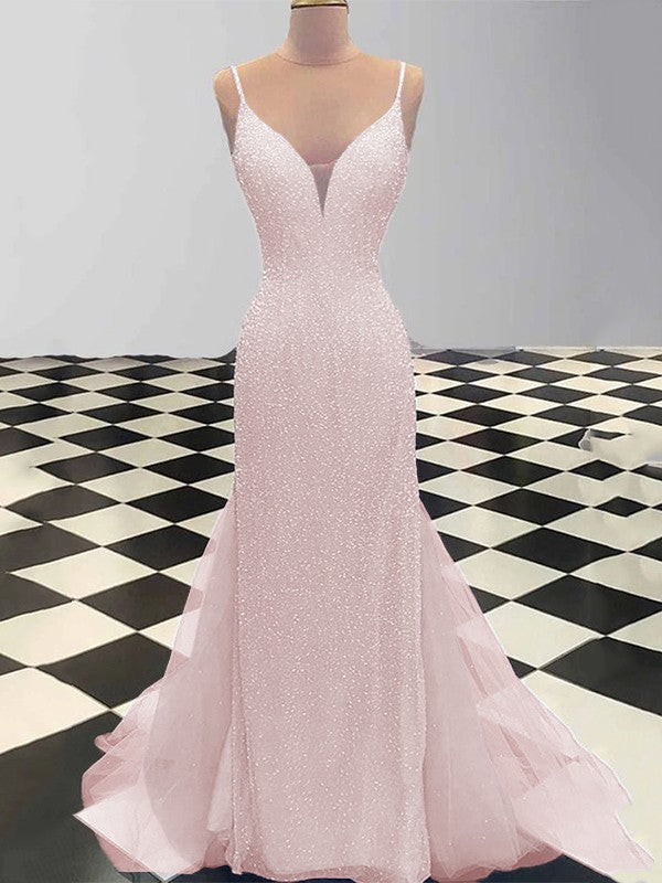 Sheath/Column Spaghetti Straps Sleeveless Tulle Sequin Sweep/Brush Train Prom Dress