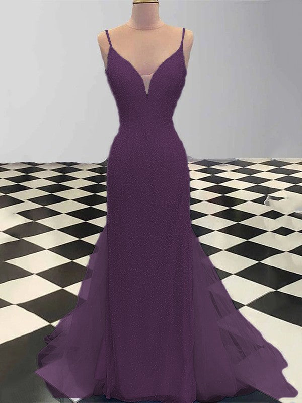 Sheath/Column Spaghetti Straps Sleeveless Tulle Sequin Sweep/Brush Train Prom Dress