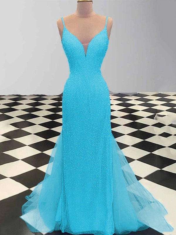 Sheath/Column Spaghetti Straps Sleeveless Tulle Sequin Sweep/Brush Train Prom Dress