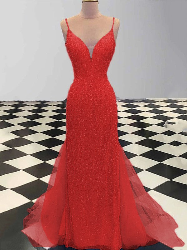 Sheath/Column Spaghetti Straps Sleeveless Tulle Sequin Sweep/Brush Train Prom Dress