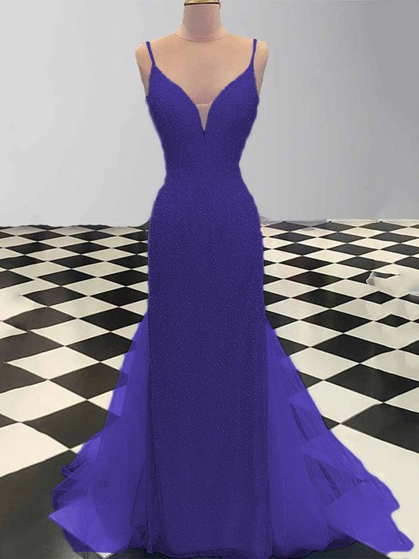 Sheath/Column Spaghetti Straps Sleeveless Tulle Sequin Sweep/Brush Train Prom Dress