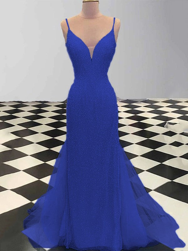 Sheath/Column Spaghetti Straps Sleeveless Tulle Sequin Sweep/Brush Train Prom Dress