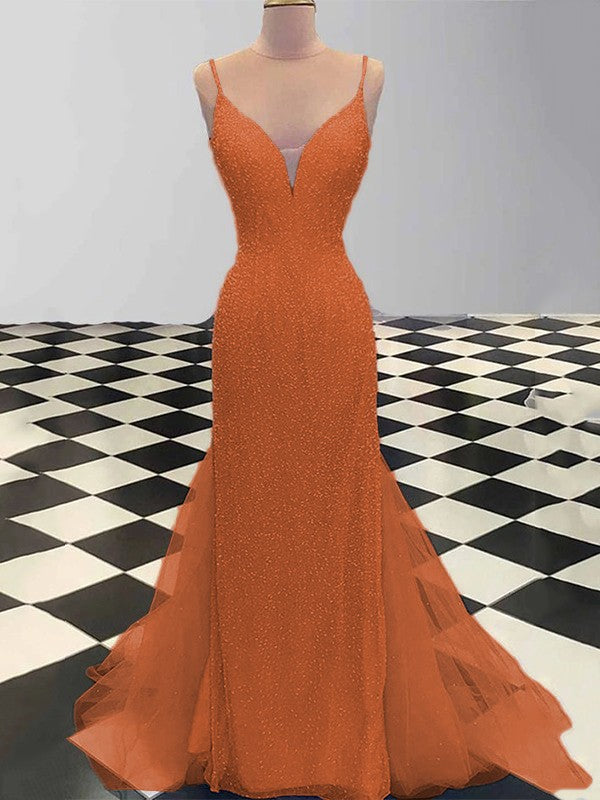Sheath/Column Spaghetti Straps Sleeveless Tulle Sequin Sweep/Brush Train Prom Dress