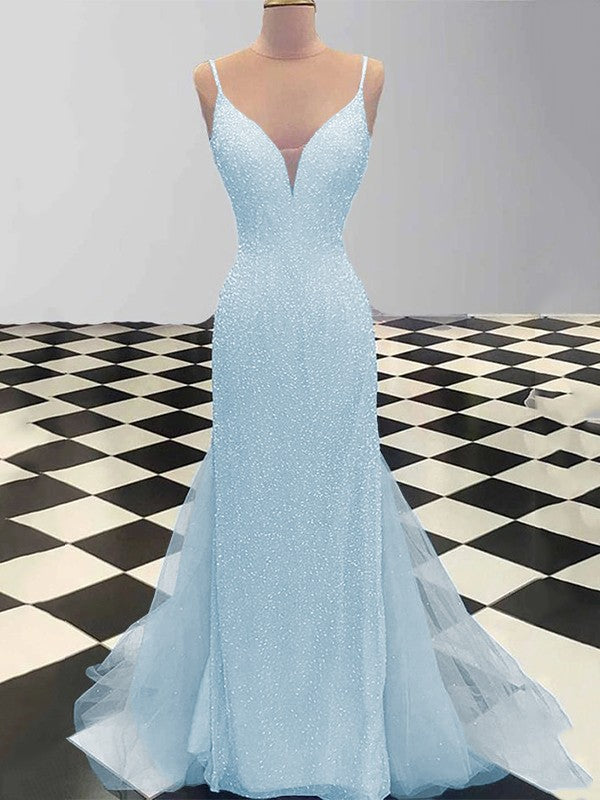 Sheath/Column Spaghetti Straps Sleeveless Tulle Sequin Sweep/Brush Train Prom Dress