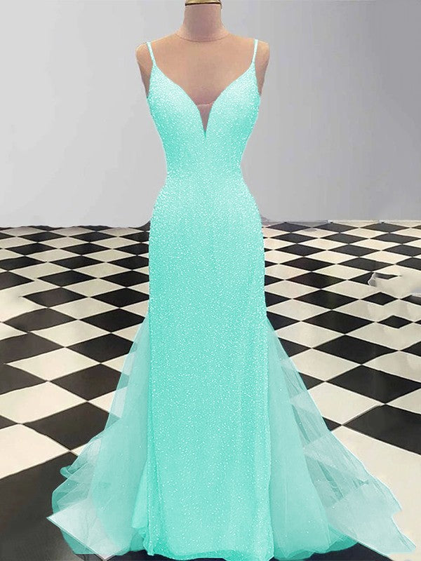 Sheath/Column Spaghetti Straps Sleeveless Tulle Sequin Sweep/Brush Train Prom Dress