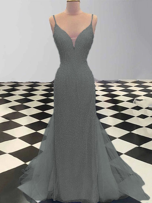 Sheath/Column Spaghetti Straps Sleeveless Tulle Sequin Sweep/Brush Train Prom Dress