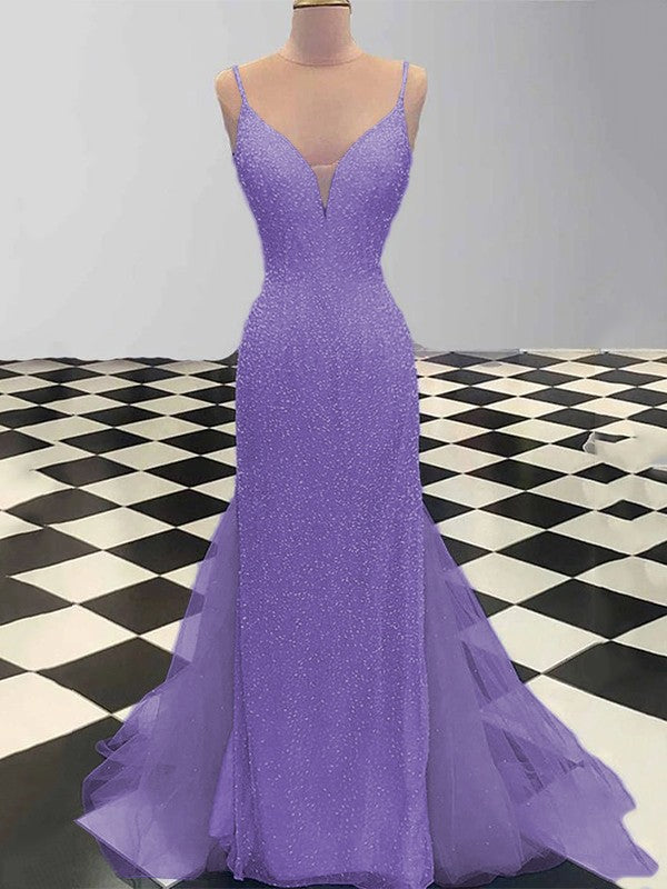 Sheath/Column Spaghetti Straps Sleeveless Tulle Sequin Sweep/Brush Train Prom Dress