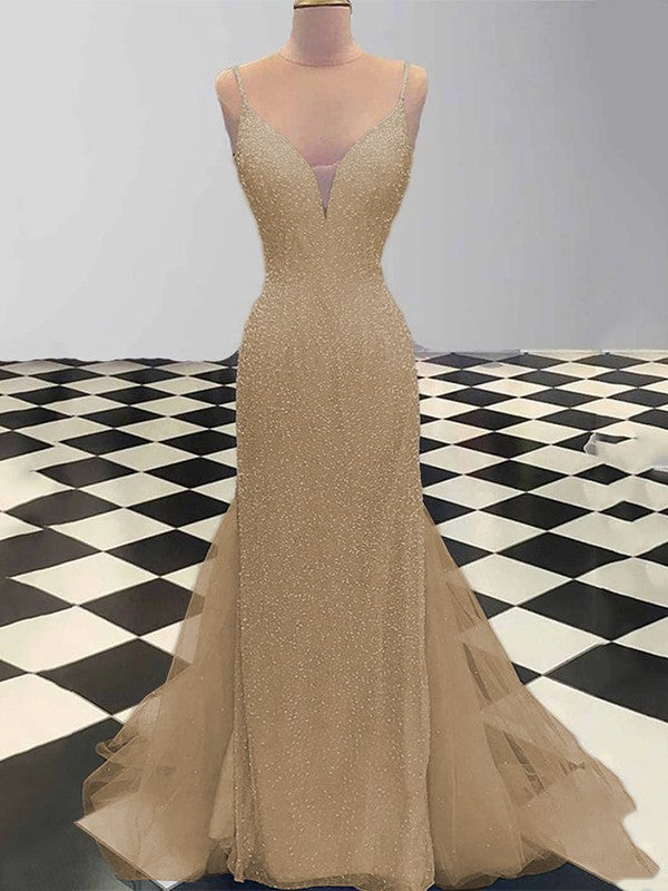 Sheath/Column Spaghetti Straps Sleeveless Tulle Sequin Sweep/Brush Train Prom Dress