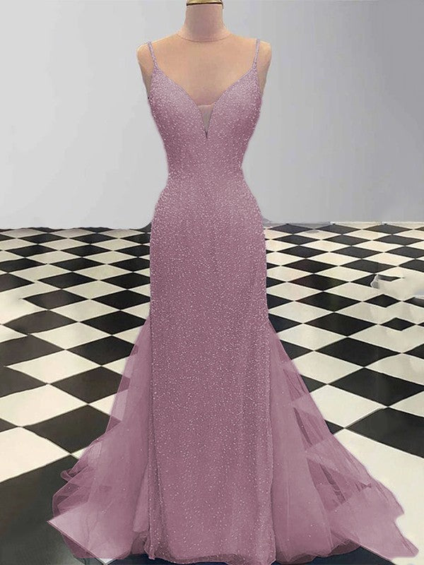 Sheath/Column Spaghetti Straps Sleeveless Tulle Sequin Sweep/Brush Train Prom Dress