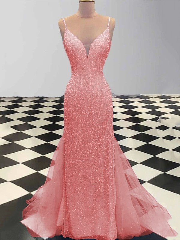 Sheath/Column Spaghetti Straps Sleeveless Tulle Sequin Sweep/Brush Train Prom Dress