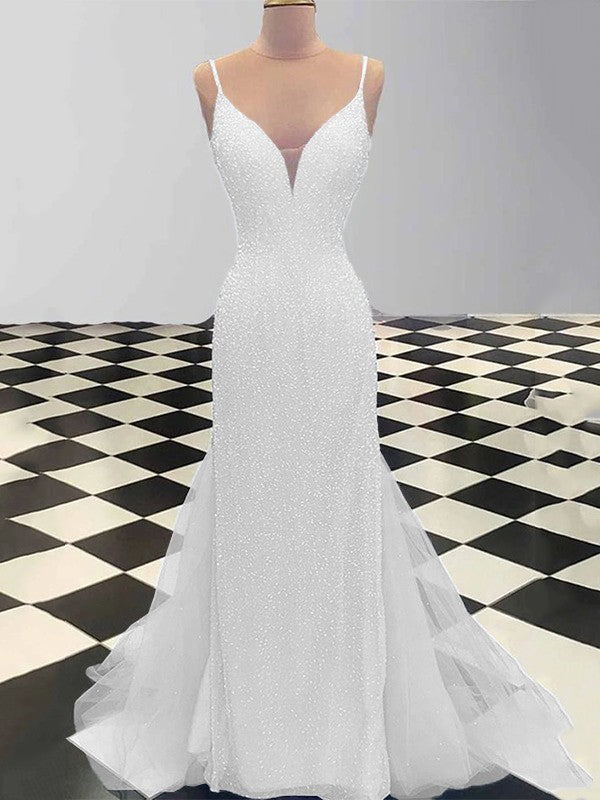Sheath/Column Spaghetti Straps Sleeveless Tulle Sequin Sweep/Brush Train Prom Dress