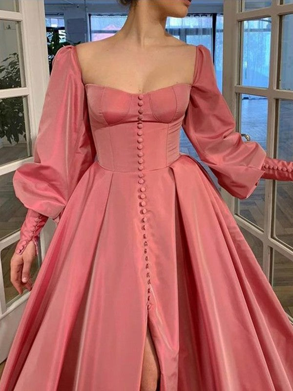 A-Line/Princess Long Sleeves Square Ruffles Satin Floor-Length Prom Dress