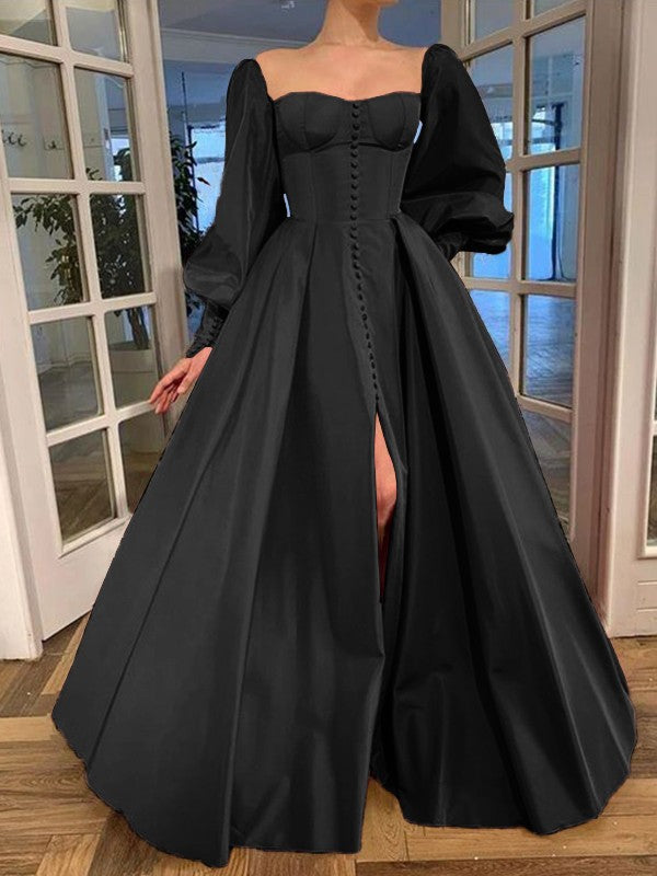 A-Line/Princess Long Sleeves Square Ruffles Satin Floor-Length Prom Dress