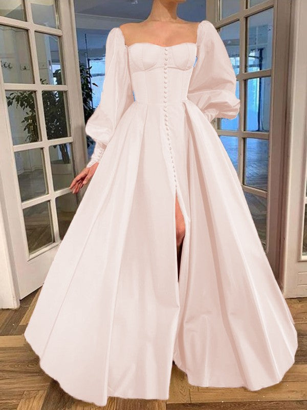 A-Line/Princess Long Sleeves Square Ruffles Satin Floor-Length Prom Dress