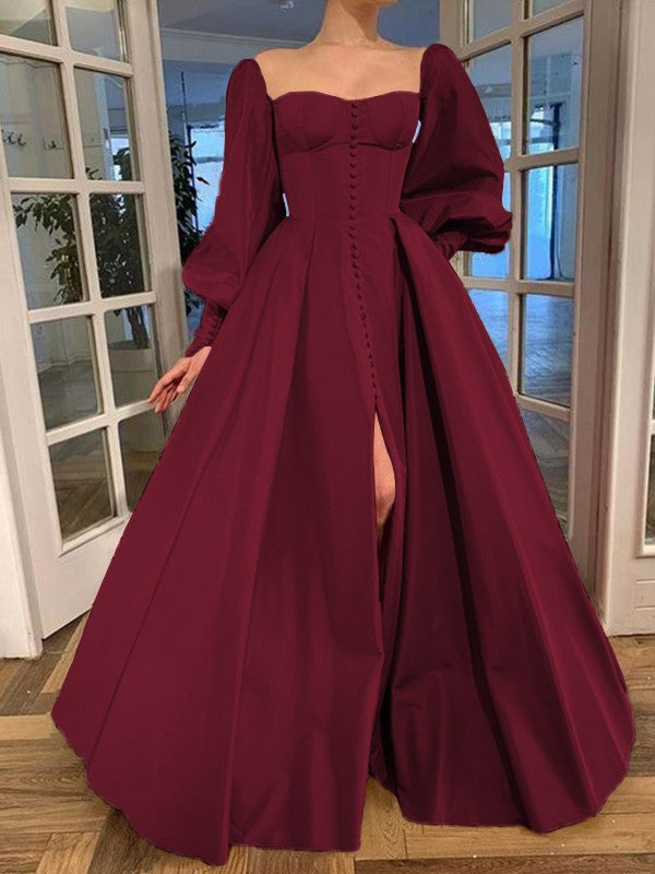 A-Line/Princess Long Sleeves Square Ruffles Satin Floor-Length Prom Dress