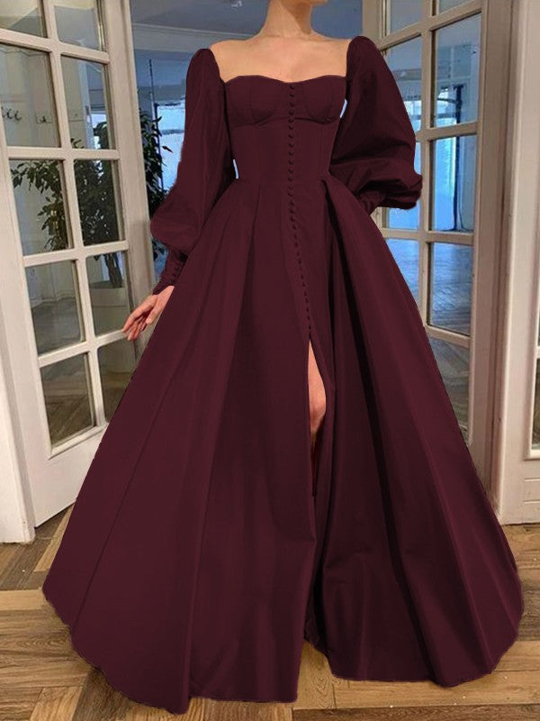 A-Line/Princess Long Sleeves Square Ruffles Satin Floor-Length Prom Dress
