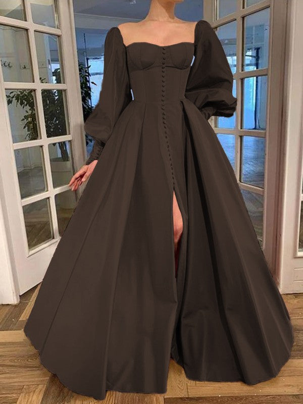 A-Line/Princess Long Sleeves Square Ruffles Satin Floor-Length Prom Dress