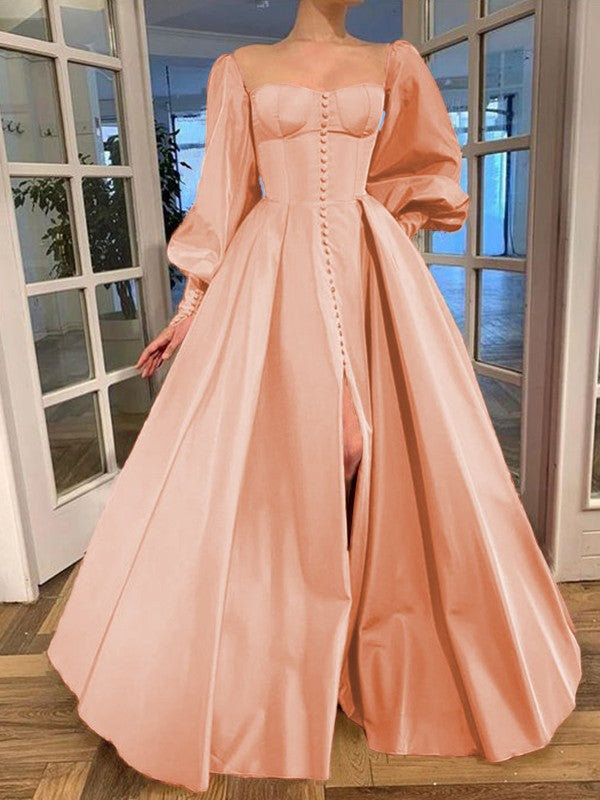 A-Line/Princess Long Sleeves Square Ruffles Satin Floor-Length Prom Dress