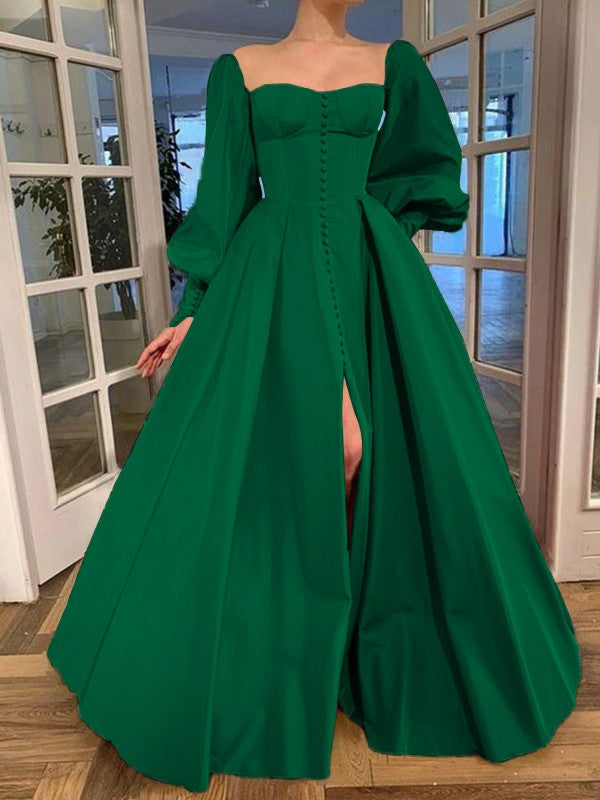 A-Line/Princess Long Sleeves Square Ruffles Satin Floor-Length Prom Dress