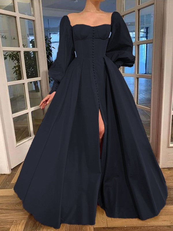 A-Line/Princess Long Sleeves Square Ruffles Satin Floor-Length Prom Dress