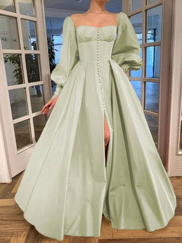 A-Line/Princess Long Sleeves Square Ruffles Satin Floor-Length Prom Dress