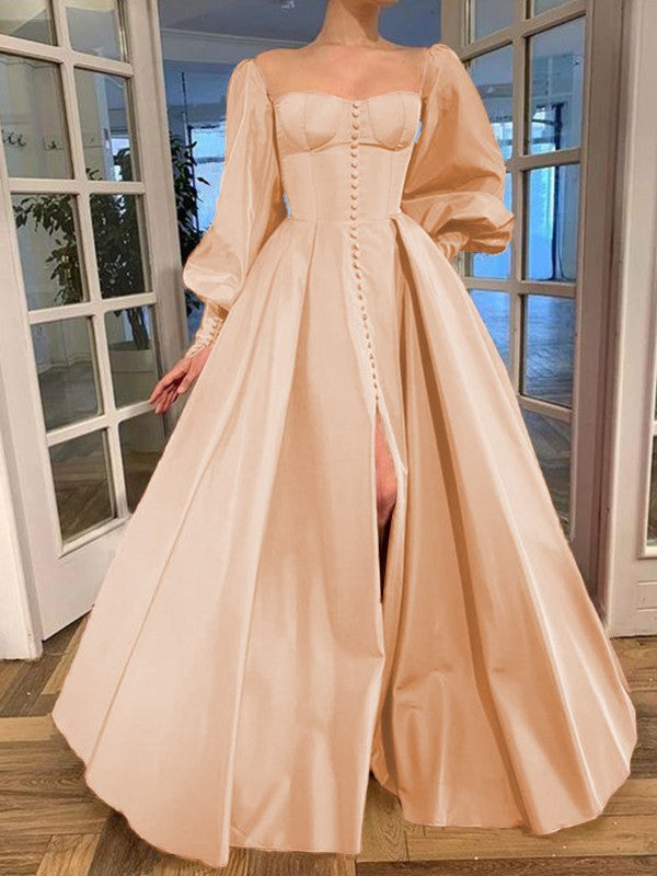 A-Line/Princess Long Sleeves Square Ruffles Satin Floor-Length Prom Dress