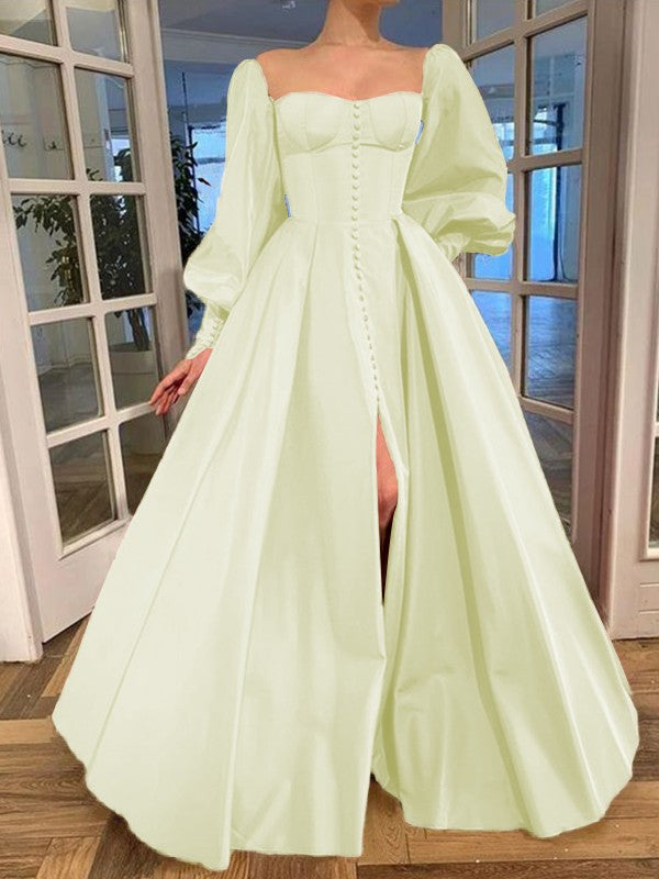 A-Line/Princess Long Sleeves Square Ruffles Satin Floor-Length Prom Dress
