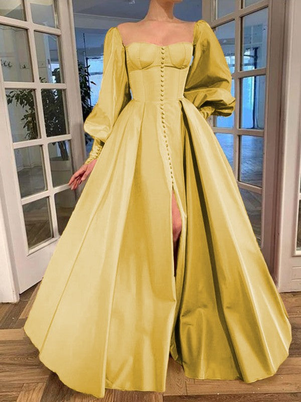 A-Line/Princess Long Sleeves Square Ruffles Satin Floor-Length Prom Dress