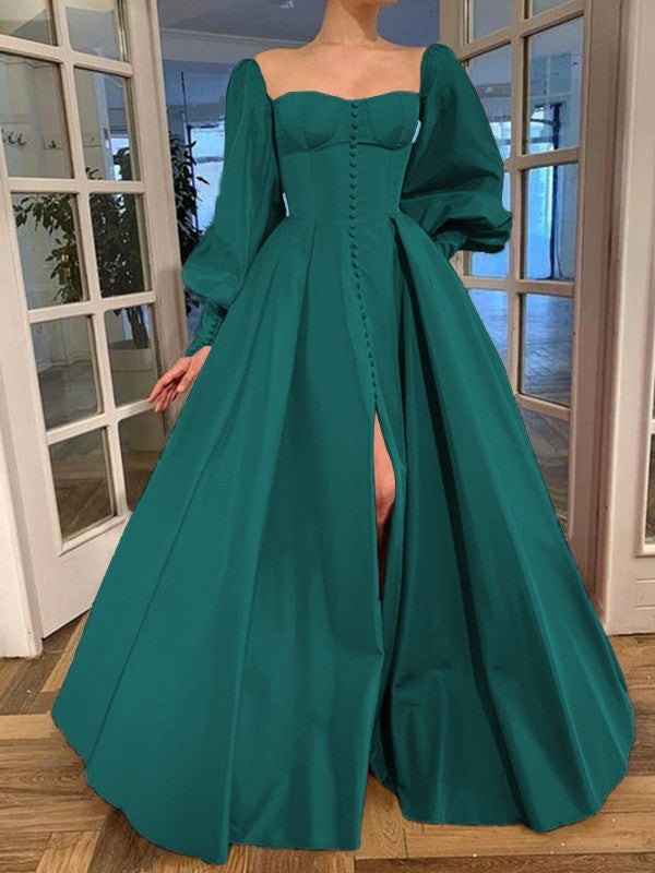 A-Line/Princess Long Sleeves Square Ruffles Satin Floor-Length Prom Dress