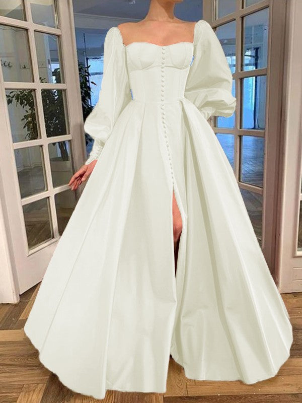 A-Line/Princess Long Sleeves Square Ruffles Satin Floor-Length Prom Dress