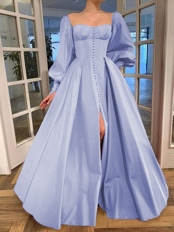 A-Line/Princess Long Sleeves Square Ruffles Satin Floor-Length Prom Dress