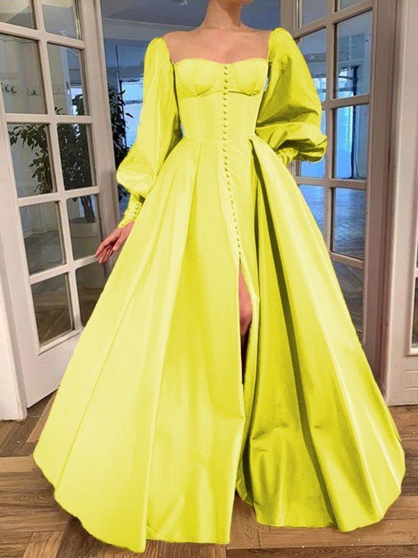 A-Line/Princess Long Sleeves Square Ruffles Satin Floor-Length Prom Dress