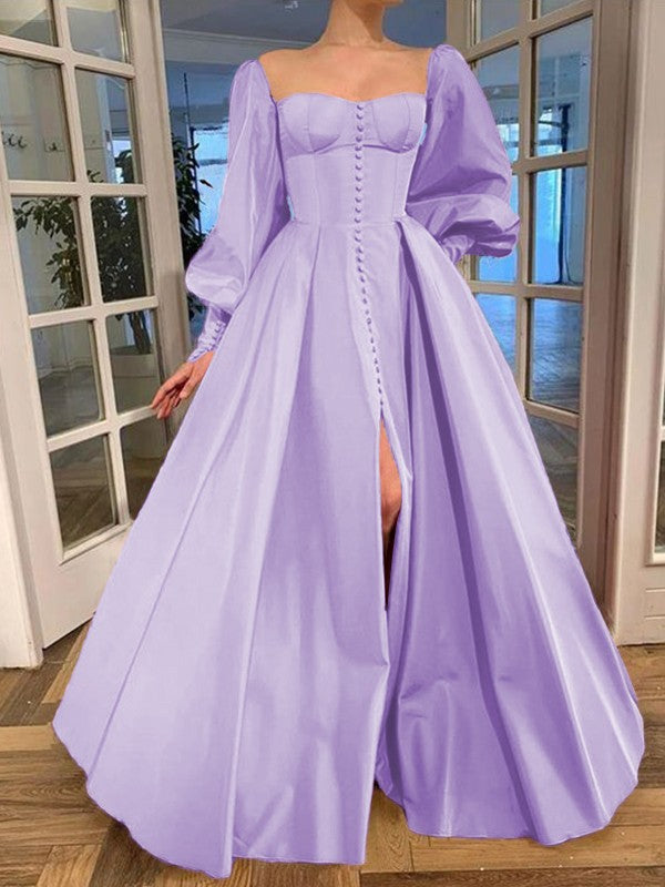 A-Line/Princess Long Sleeves Square Ruffles Satin Floor-Length Prom Dress