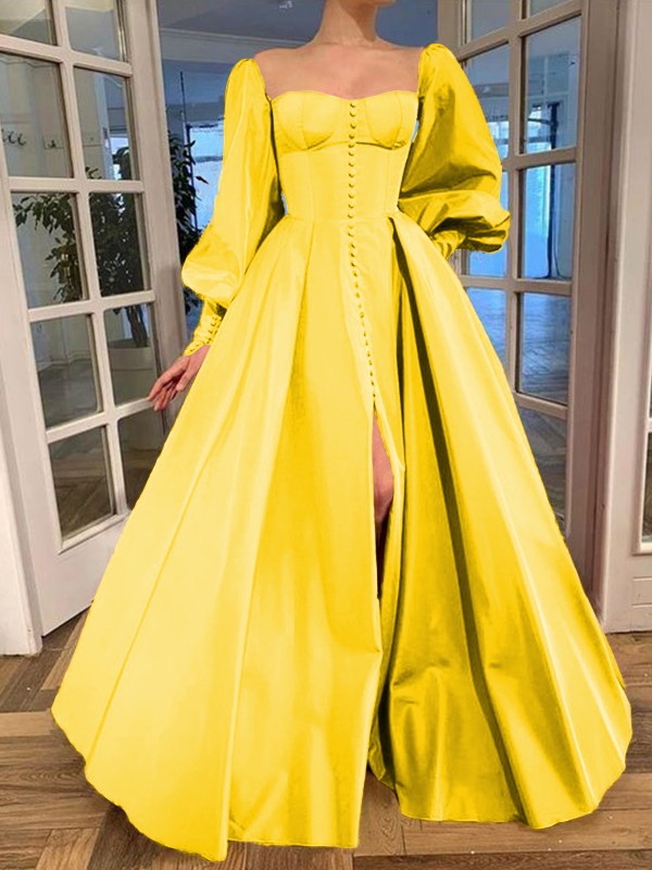 A-Line/Princess Long Sleeves Square Ruffles Satin Floor-Length Prom Dress
