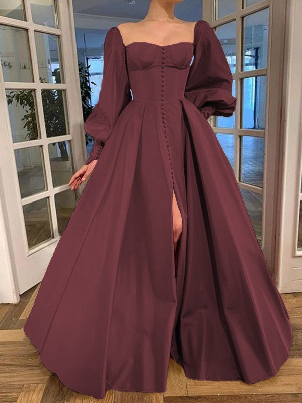A-Line/Princess Long Sleeves Square Ruffles Satin Floor-Length Prom Dress