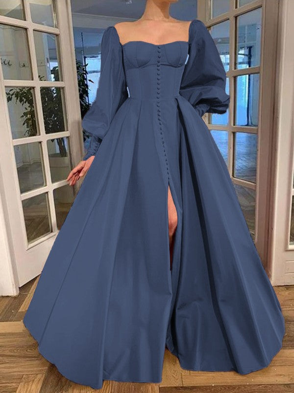 A-Line/Princess Long Sleeves Square Ruffles Satin Floor-Length Prom Dress