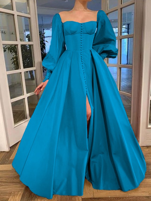 A-Line/Princess Long Sleeves Square Ruffles Satin Floor-Length Prom Dress
