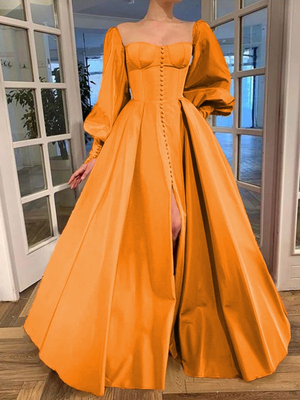 A-Line/Princess Long Sleeves Square Ruffles Satin Floor-Length Prom Dress