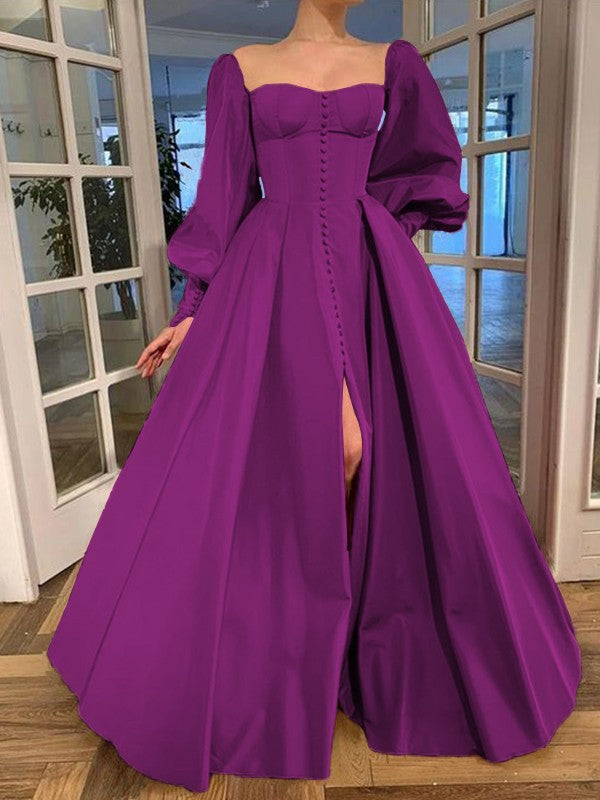 A-Line/Princess Long Sleeves Square Ruffles Satin Floor-Length Prom Dress